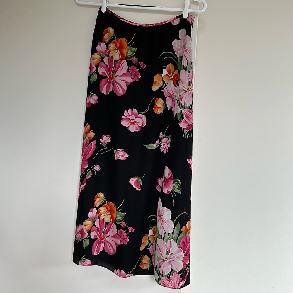 Vintage Linda Allard Ellen Tracy Black Floral Silk Skirt